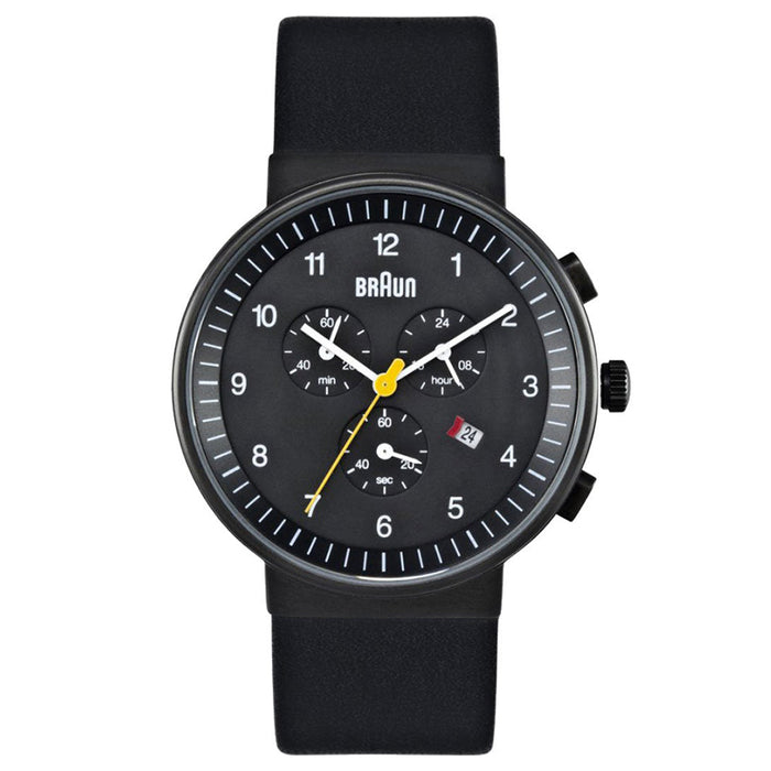 Braun Mens Chronograph Stainless Watch - Black Leather Strap - Black Dial - BN0035BKBKG
