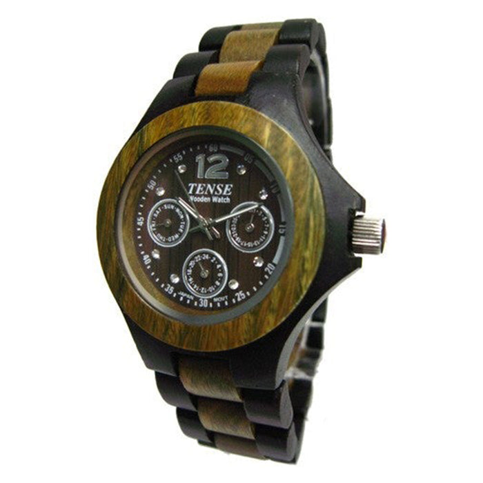 Tense Wood Men's Dark Green Sandalwood Wood Watch - Wood Bracelet - Black Dial - G4300DG