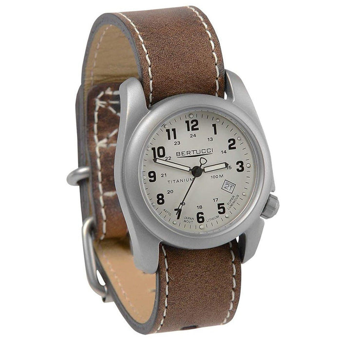 Bertucci Mens Savvy Titanium Case White Dial Brown Leather Band Round Watch - 12716