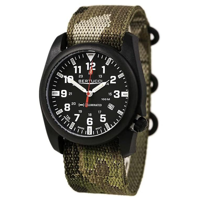 Bertucci Men's A-5P Illuminated Green Camo Nylon Band Field Black Dial Black Watch - 13503