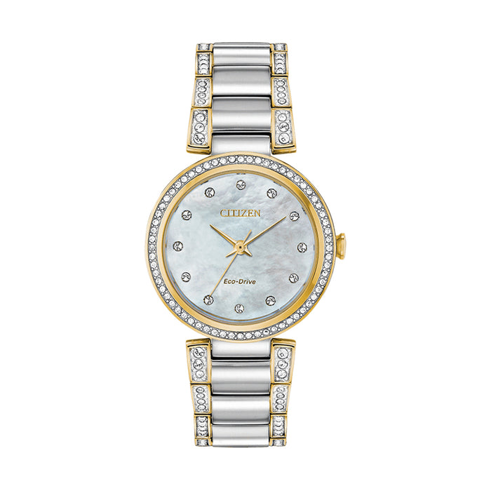 Citizen Eco Drive Women's Silhouette Crystal Accent Two Tone Mother-of-Pearl Quartz Dial Watch - EM0844-59D