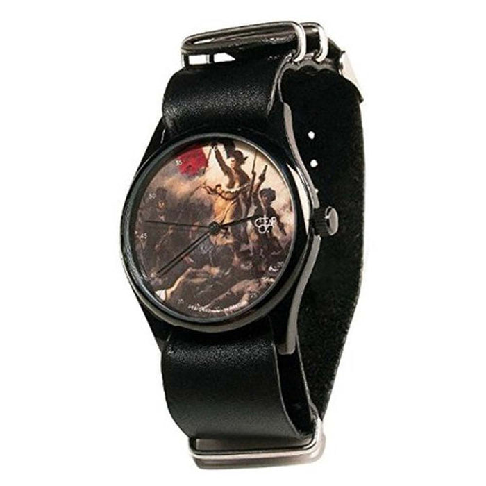 Cheapo Mens Black Analog Stainless Watch - Black Leather Strap Gold Dial - 14227KK