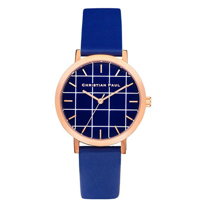 Christian Paul Unisex Rose Gold Stainless Steel Blue Leather Band Blue Dial Round Grid Watch - GRL-04