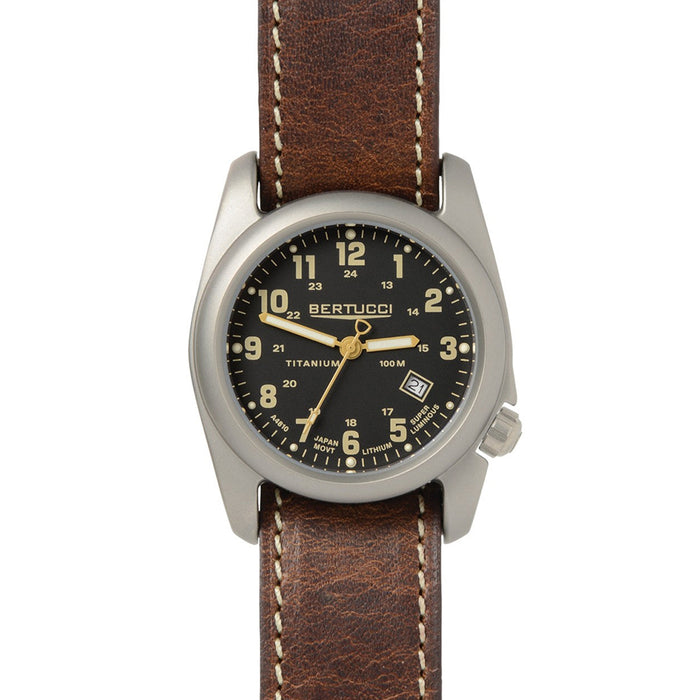 Bertucci Mens A-2T Original Analog Titanium Watch - Brown Leather Strap - Black Dial - 12712