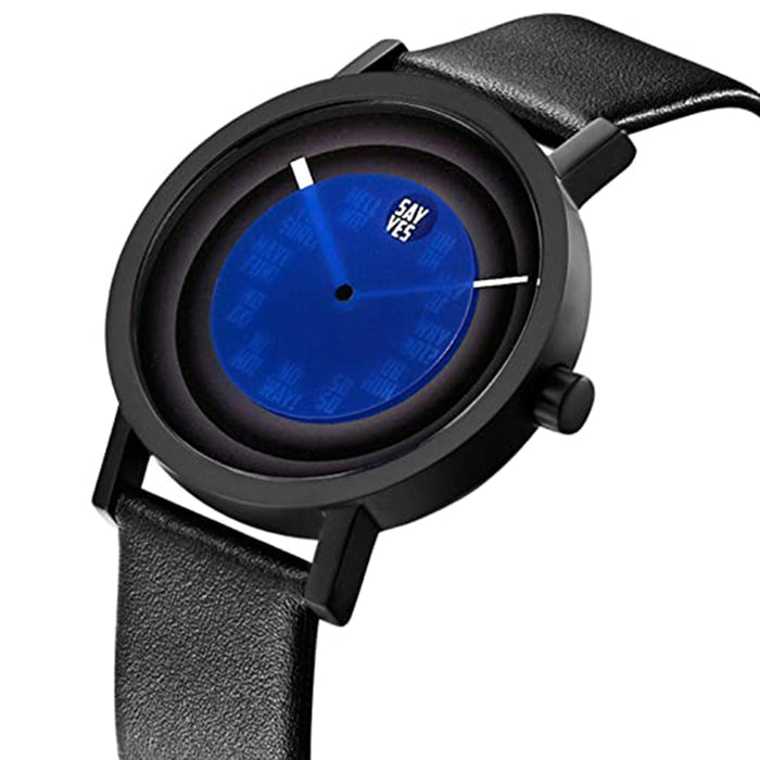 Projects Mens Foretell Analog Stainless Watch - Black Leather Strap - Blue Dial - 7216B