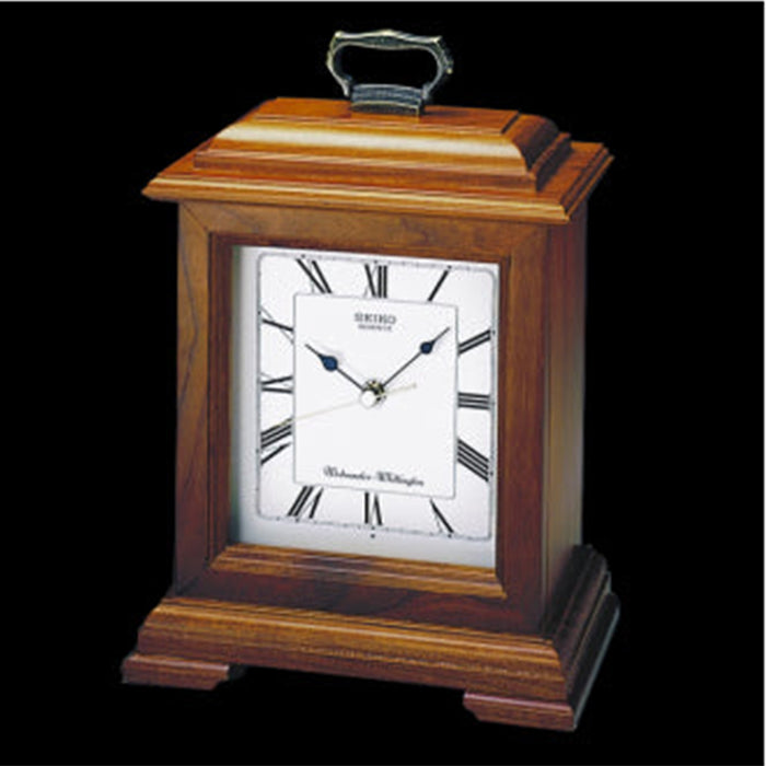 Seiko Carriage Chiming Wood Mantel Clock - Black Hands - White Dial - QXJ102BC