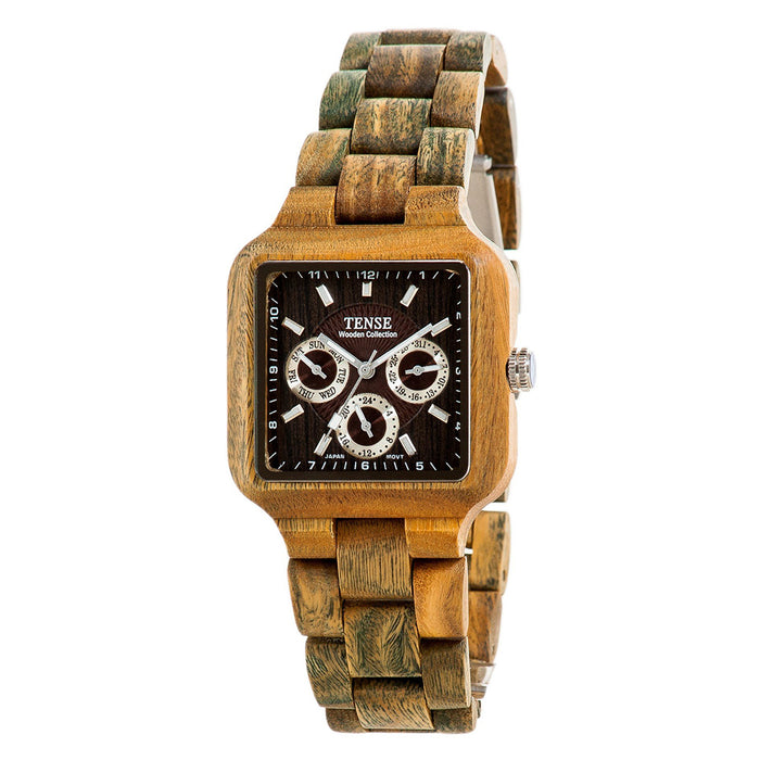 Tense Mens Black Dial Solid Wood Case and Bracelet Multi-Eye Brown Sandalwood Watch - B7305G