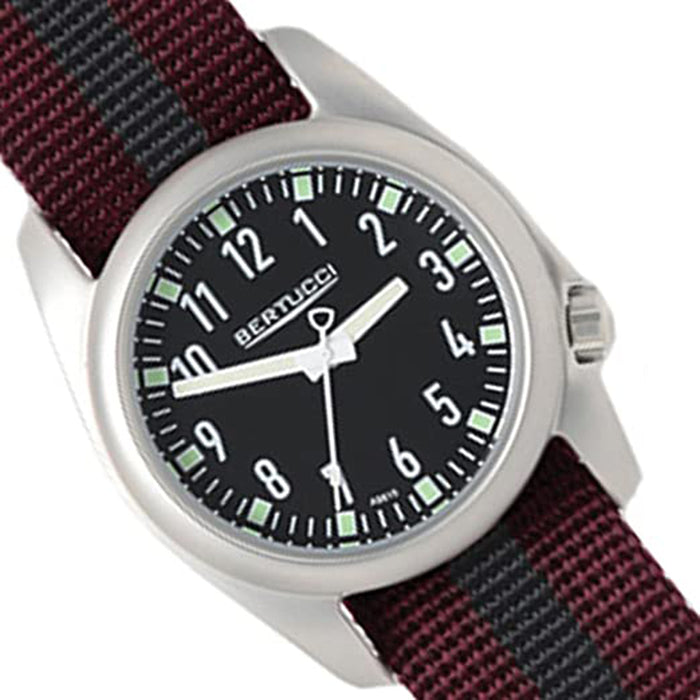 Bertucci Mens Ventara Stainless Steel Case and Crimson With Black Nylon Strap Black Dial Silver Watch - 11061