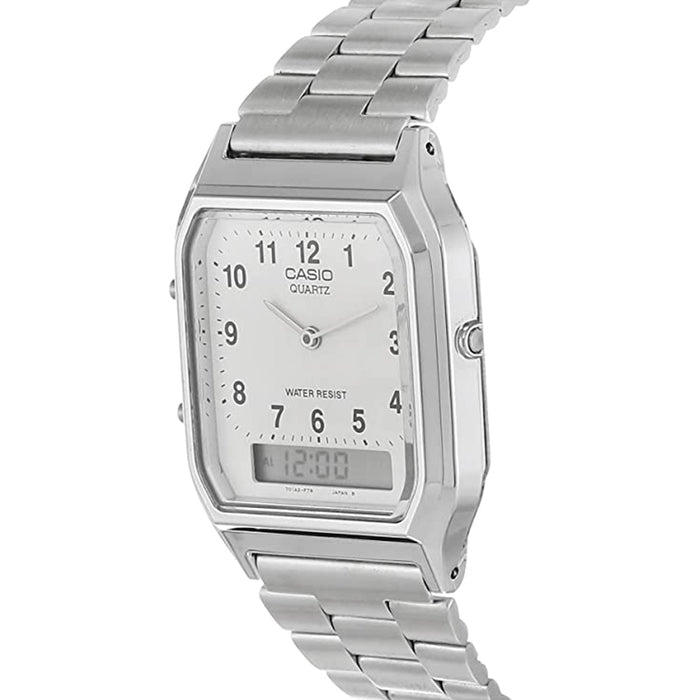 Casio Men's White Dial Silver Stainless Steel Band Quartz Watch - AQ-230A-7BMQ