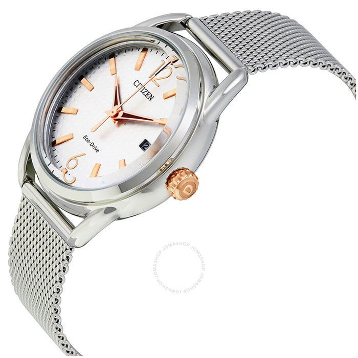 Citizen Eco Drive Women's Silver Stainless Steel Case White Dial Mesh Bracelet Watch - FE6081-51A