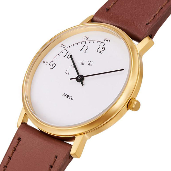Projects Unisex Stainless Steel Case Brown Leather Strap White Dial Gold Watch - 7408