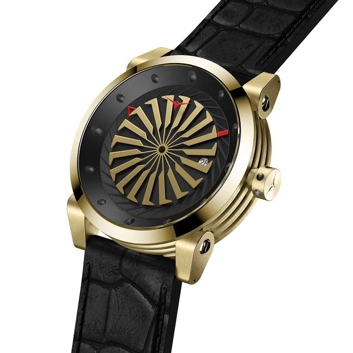Zinvo Blade Onyx Mens Black Leather Band Golden Automatic Movement Dial Watch - BLADEONYX
