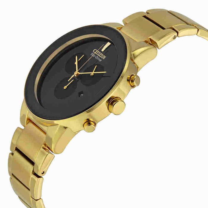 Citizen Mens Black Dial Gold Band Stainless Steel Quartz Watch - AT2242-55E