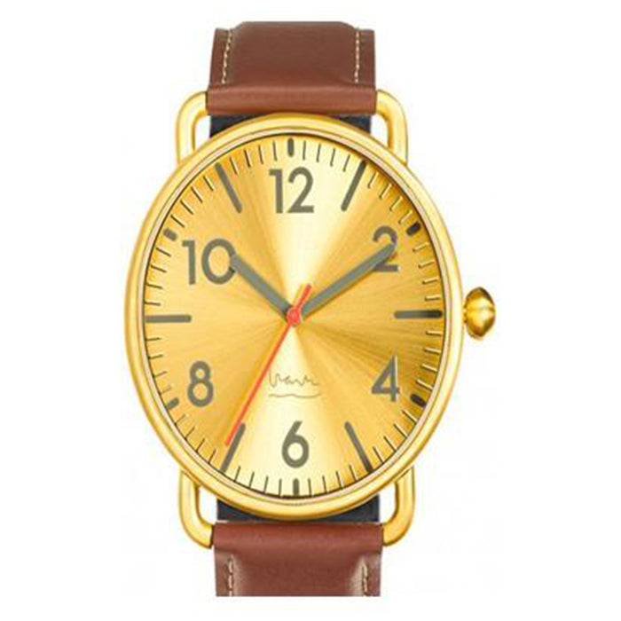 Projects Unisex Witherspoon Brass Brown Leather Band Gold Dial Round Watch - 7108B(2)