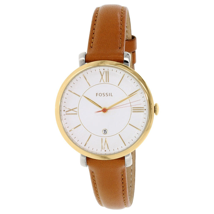 Fossil Womens Jacqueline Stainless Steel Case Brown Leather White Dial Gold Watch - ES3737