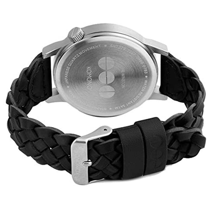 Komono Mens Winston Woven Black Analog Stainless Watch - Black Leather Strap - Silver Dial - KOM-W2032