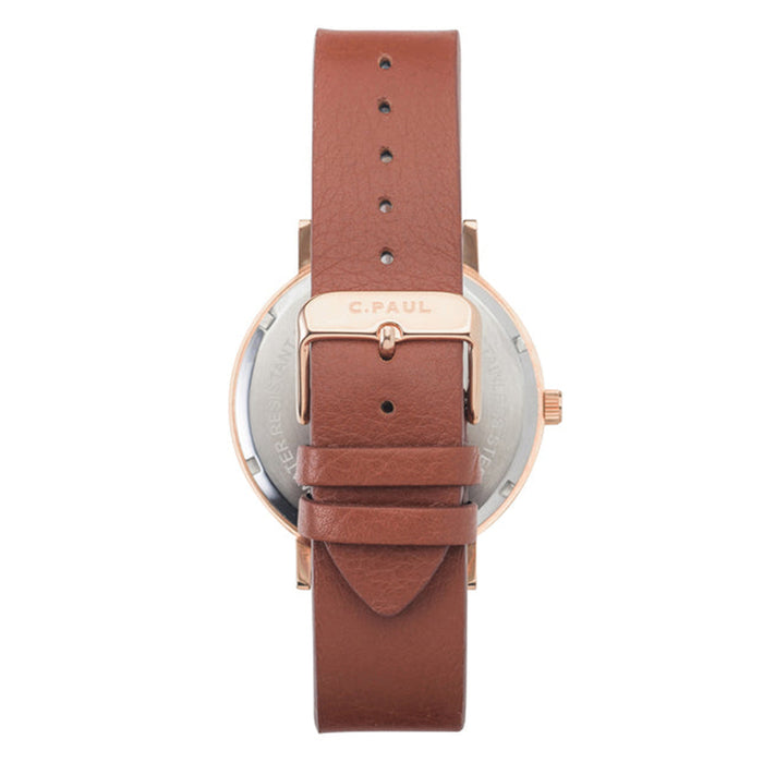 Christian Paul Womens Rose Gold Stainless Steel Brown Leather Band White Dial Round Watch - SW-06