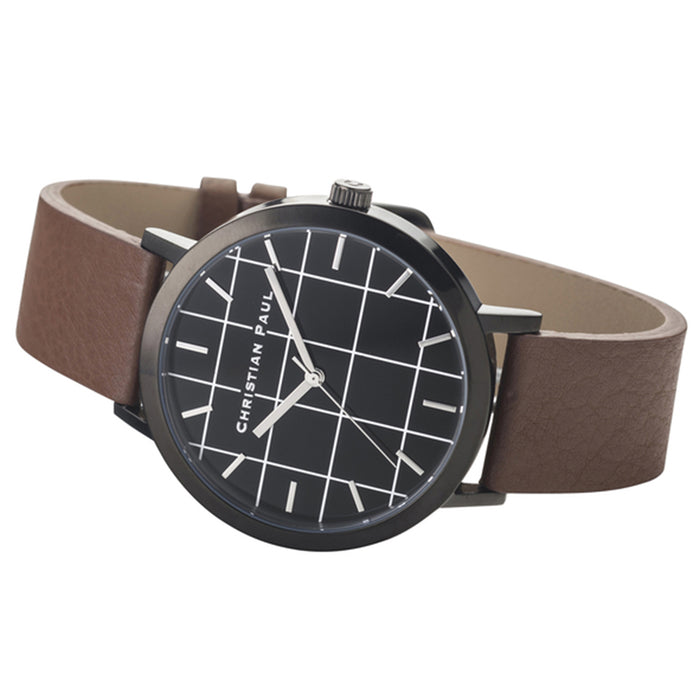 Christian Paul Unisex Stainless Steel Black Case Brown Leather Band Black Dial Analog Watch - GR-02