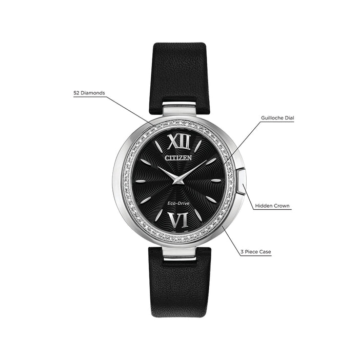 Citizen Capella Eco-Drive Womens Black Leather Band Black Quartz Dial Watch - EX1500-01E