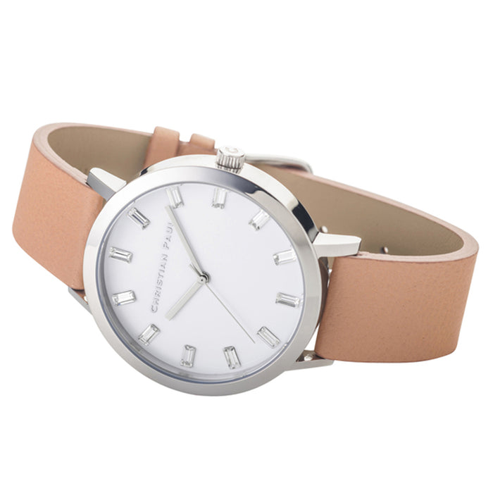 Christian Paul Unisex Stainless Steel Beige Leather Band White Dial Round Silver Watch - SW-04