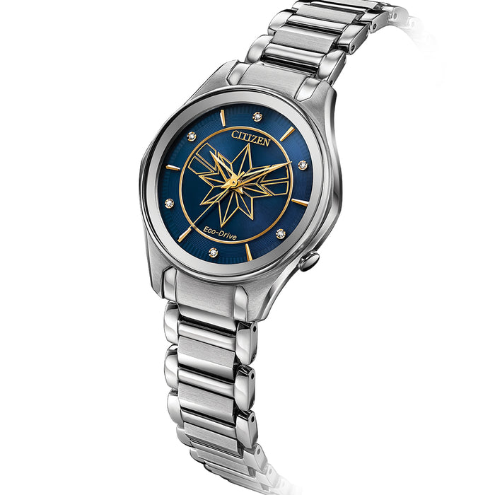 Citizen Eco-Drive Captain Marvel Womens Silver Stainless Steel Band Blue Quartz Dial Watch - EM0596-58W