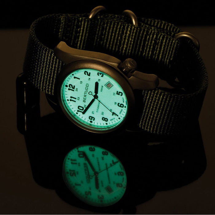 Bertucci Mens A-2T Original Classic Analog Titanium Watch - Green Nylon Strap - White Dial - 12070