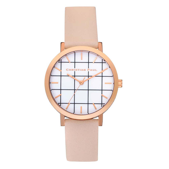 Christian Paul Unisex Rose Gold Stainless Steel Peach Leather Band White Dial Round Grid Watch - GRL-02