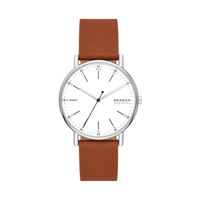 Skagen Signatur Men's White Dial Luggage Brown Leather Band Analog Quartz Three-Hand Watch - SKW6903
