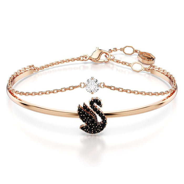 Swarovski Women's Black Pavé Crystals And Clear Round-Cut Stone In A Rose Gold-Tone Finished Setting Size M Swan Bangle Bracelet - 5678048