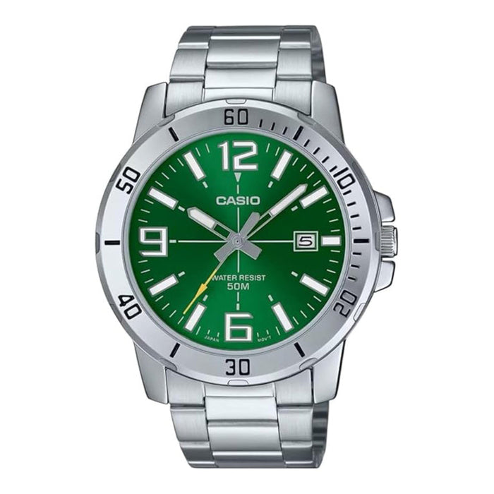 Casio Men's Green Dial Silver Stainless Steel Band Analog Japanese Quartz Watch - MTP-VD01D-3BVUDF