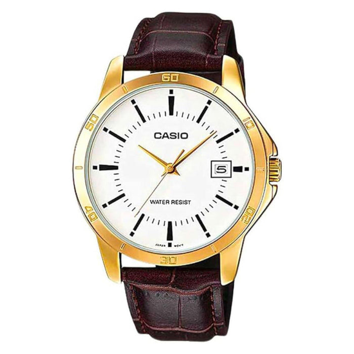 Casio Men's White Dial Brown Leather Band Analog Quartz Watch - MTP-V004GL-7AUDF
