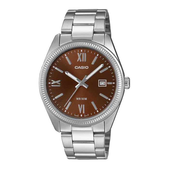 Casio Men's Red Dial Silver Stainless Steel Band Analog Quartz Watch - MTP-1302DD-5AVDF