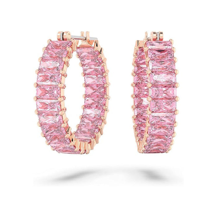 Swarovski Part of the Matrix Collection Women's Pink Baguette-Cut Crystals on Rose Gold-Tone Finished Settings Matrix Hoop Earrings - 5657726
