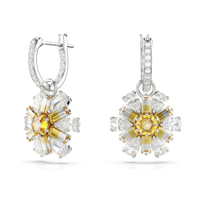 Swarovski Women's Flower Motif With Yellow And Clear Mixed-Cut Stones In A Rhodium-Finished Setting Idyllia Drop Earrings - 5683243