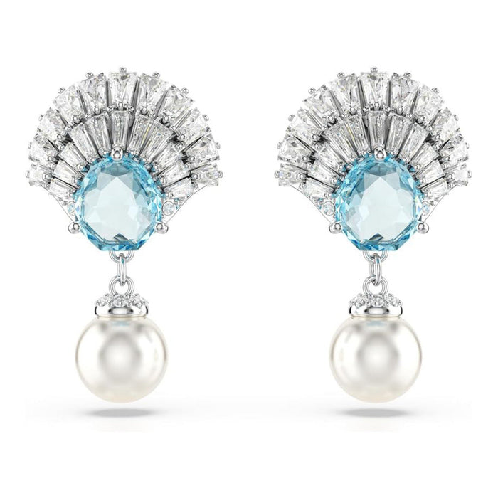 Swarovski Women's Shell Motif With Blue Crystals Clear Stones And Crystal Pearls In A Rhodium-Finished Setting Idyllia Drop Earrings - 5680301