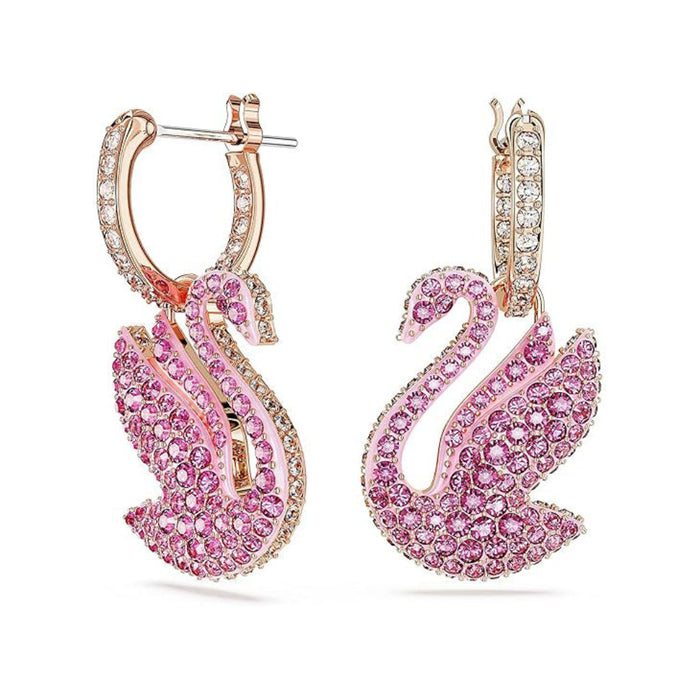 Swarovski Women's Swan Motif with Pink Crystal Pavé on a rose-gold tone Finished Setting Iconic Swan Drop Pierced Earrings - 5647544
