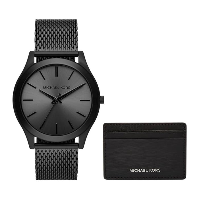 Michael Kors Men's Slim Runway Gray Dial Black Stainless Steel Band Analog Quartz Watch And Wallet Gift Set - MK1085SET