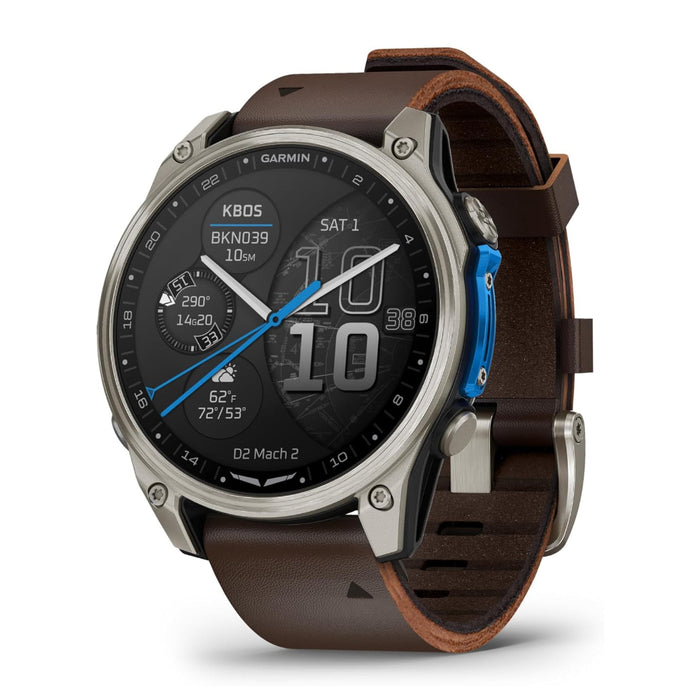 Garmin D2™ Mach 2 – 47 MM Unisex Titanium With Oxford Brown Leather Band Advanced Flight Maps LED Flashlight Built-in Microphone/Speaker For Calls And Texts Premium Aviator Smartwatch With GPS - 010-02904-30