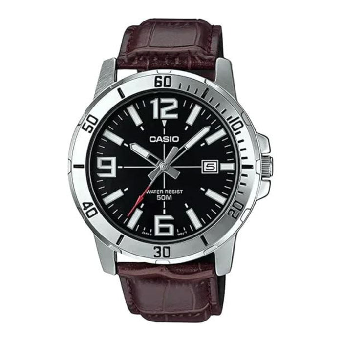 Casio Men's Black Dial Brown Leather Band Analog Quartz Watch - MTP-VD01L-1BVUDF