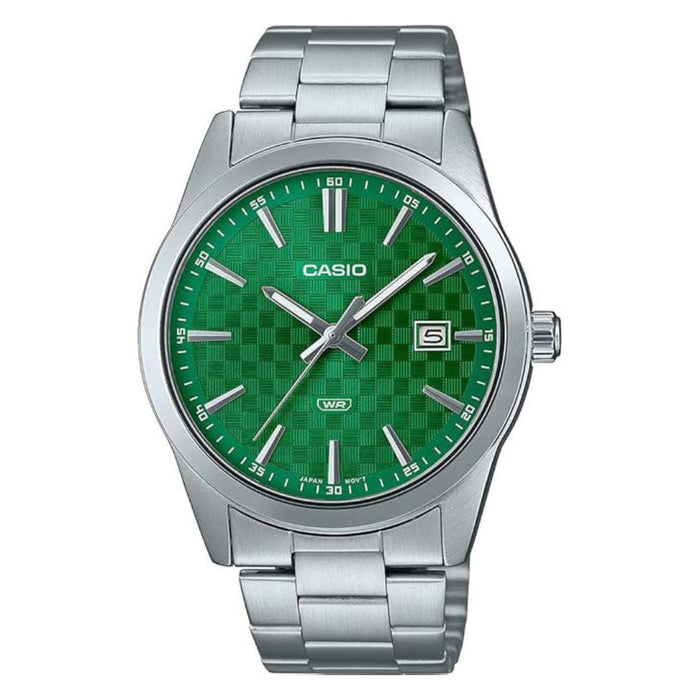 Casio Men's Green Dial Silver Stainless Steel Band Analog Japanese Quartz Watch - MTP-VD03D-3A1UDF