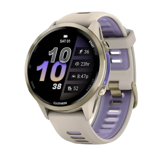 Garmin® Forerunner® 970 Unisex Soft Gold Titanium With French Gray Case And French Gray/Translucent Indigo Band Premium GPS Running And Triathlon Smartwatch - 010-02969-02
