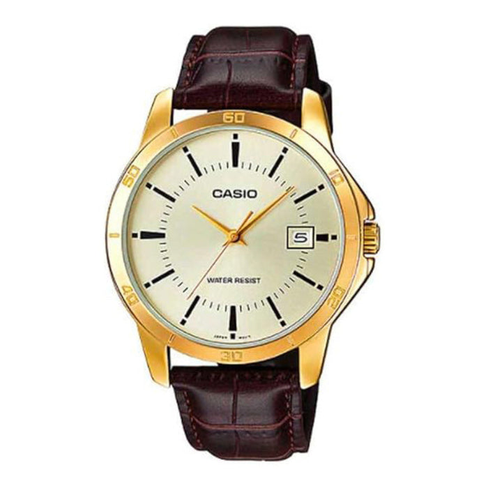 Casio Men's Golden Dial Brown Leather Band Analog Japanese Quartz Watch - MTP-V004GL-9AUDF