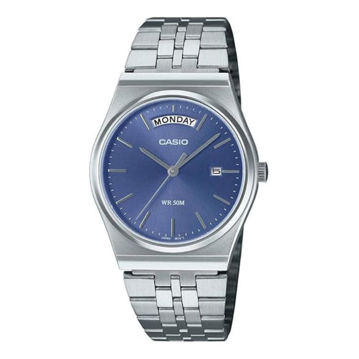 Casio Men's Blue Dial Silver Stainless Steel Band Analog Japanese Quartz Watch - MTP-B146D-2AVDF