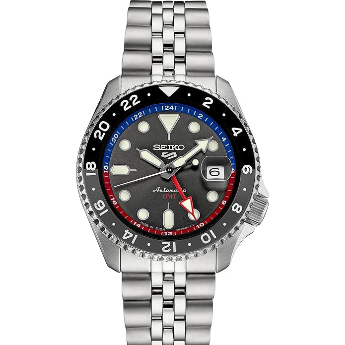 Seiko Men's Black Dial Silver Stainless Steel Band Mechanical Watch - SSK019