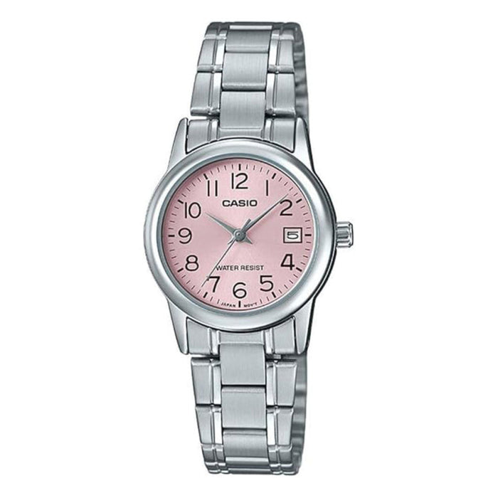 Casio Women's Pink Dial Silver Stainless Steel Band Analog Quartz Watch - LTP-V002D-4BUDF