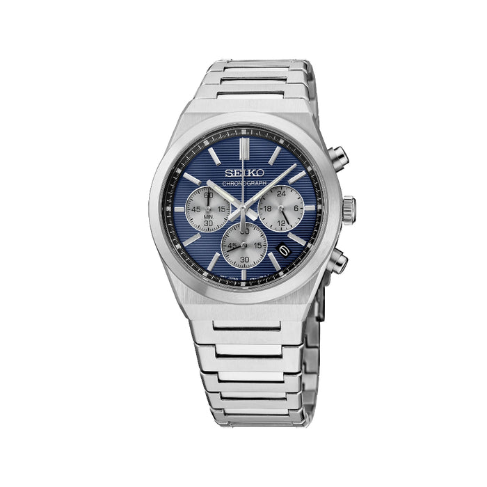 Seiko Men's Blue Dial Silver Stainless steel Band Analog Chronograph Quartz Watch - SSB453
