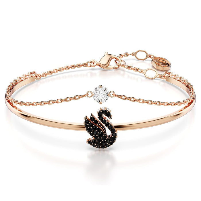 Swarovski Women's Black Pavé Crystals And Clear Round-Cut Stone In A Rose Gold-Tone Finished Setting Size S Swan Bangle Bracelet - 5688248