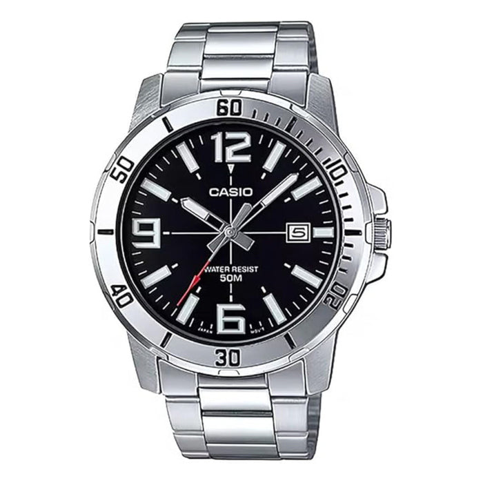 Casio Men's Black Dial Silver Stainless Steel Band Analog Japanese Quartz Watch - MTP-VD01D-1BVUDF