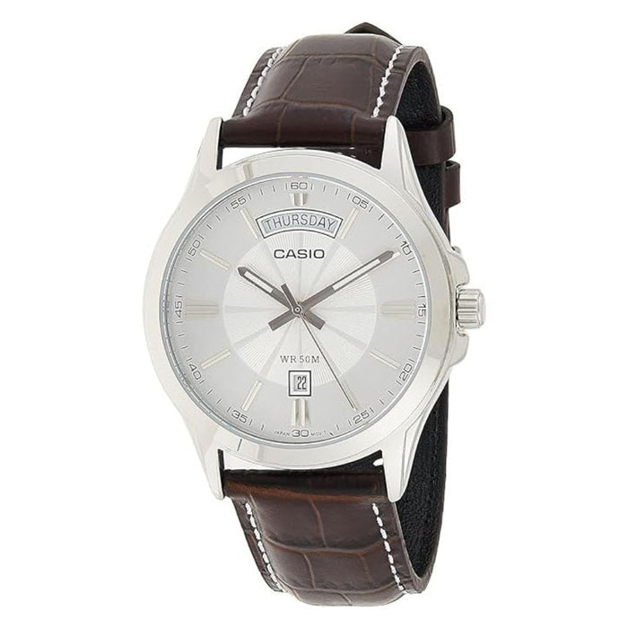 Casio Men's Silver dial Brown Band Analog Quartz Watch - MTP-1381L-7AVDF