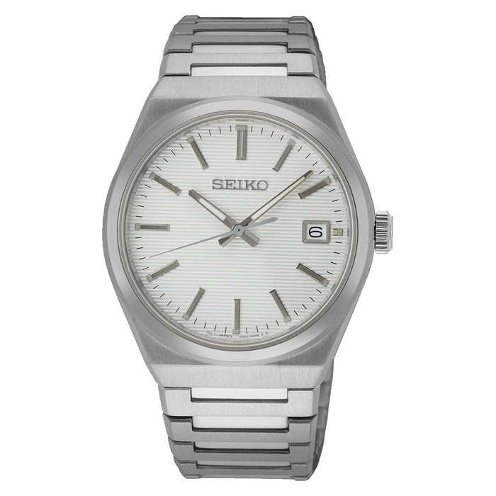 SEIKO Men's White Dial Silver Stainless Steel Band Classic Analog Quartz Watch - SUR553